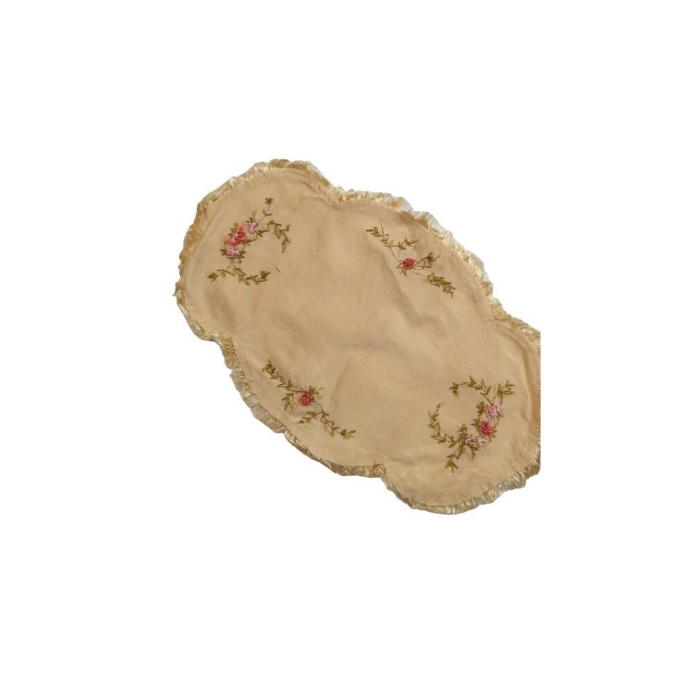 Vintage Floral Embroidered Doily Cream Oblong Table Runner Fringe Trim 15.5x9.5‎